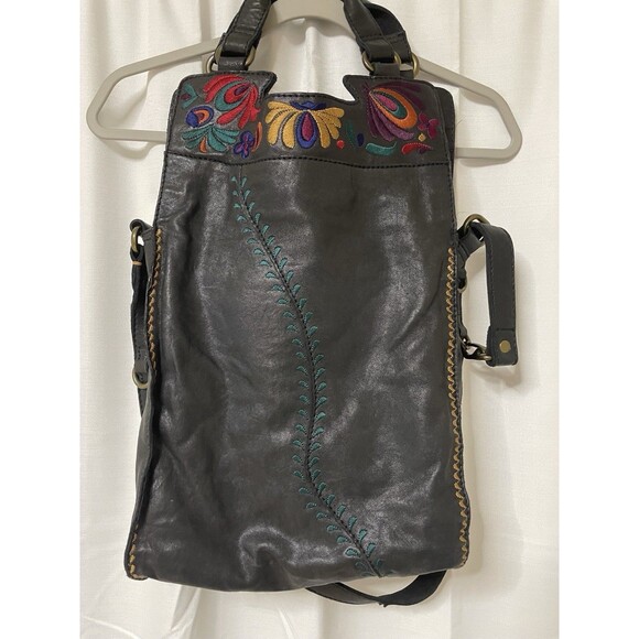 Lucky Brand Abbey Road Black Leather Embroidered Crossbody Tote Purse Bag Boho - Picture 2 of 8